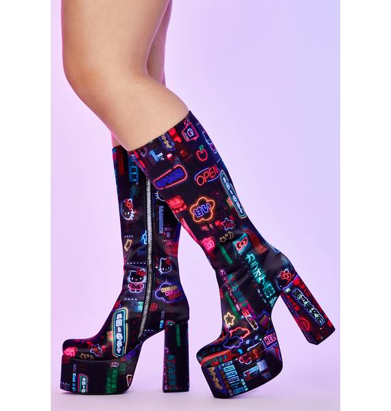 Dolls Kill Hello Kitty Neon Graphic Knee High Platform Block Boots