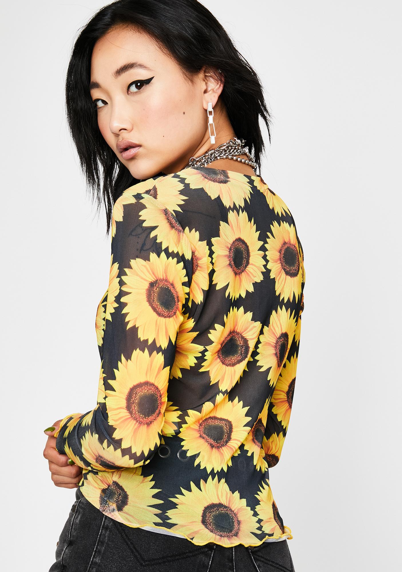Sunflower Print Long Sleeve Mesh Top Dolls Kill