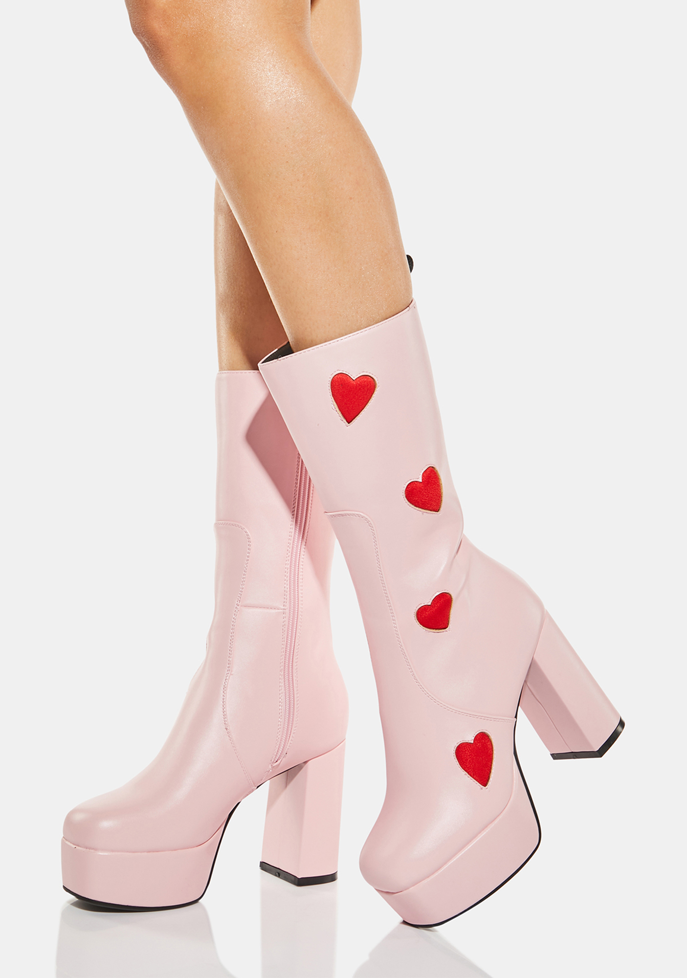 Lamoda Mid Calf Rise Vegan Leather Heart Platform Boots Pink Dolls Kill