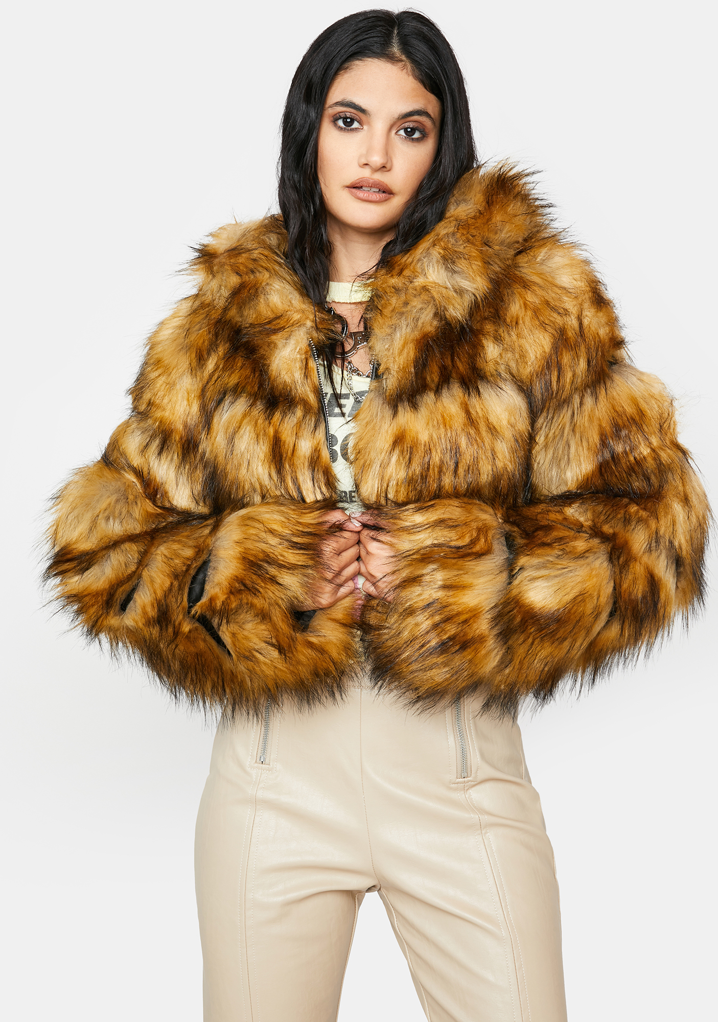 Azalea Wang Faux Fur Cropped Hoodie Coat - Brown | Dolls Kill