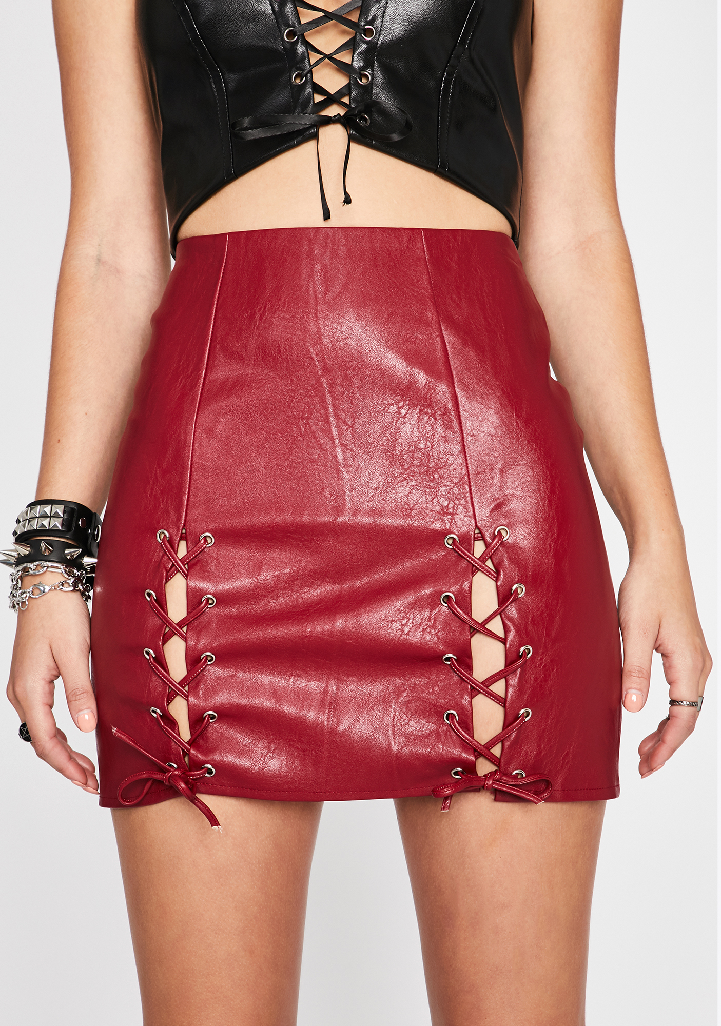 red leather lace skirt
