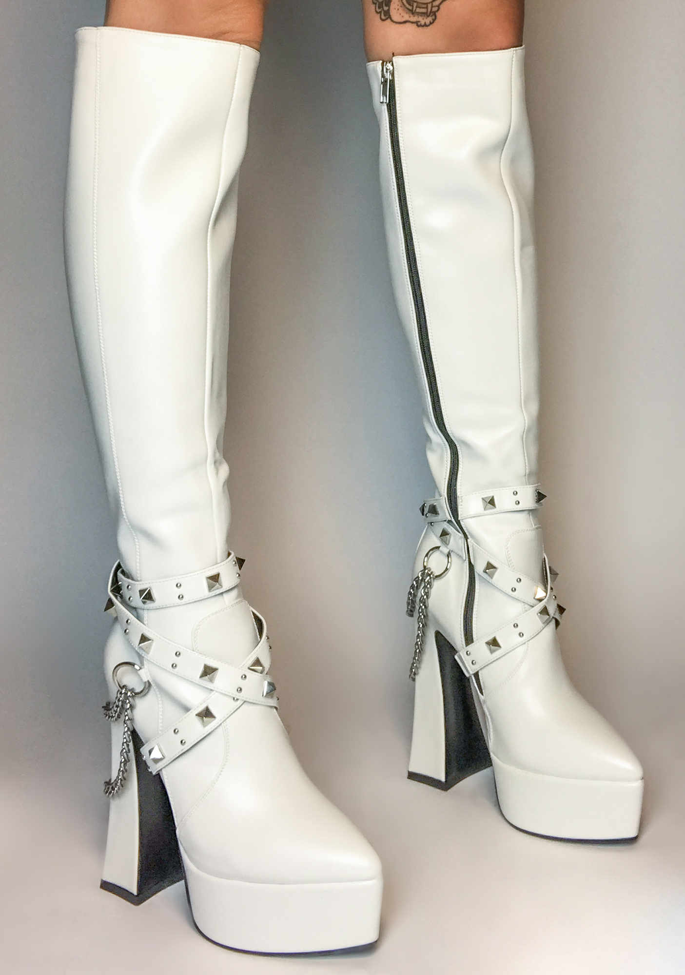 Lamoda Studded Strap Vegan Leather Knee High Boots - White | Dolls Kill