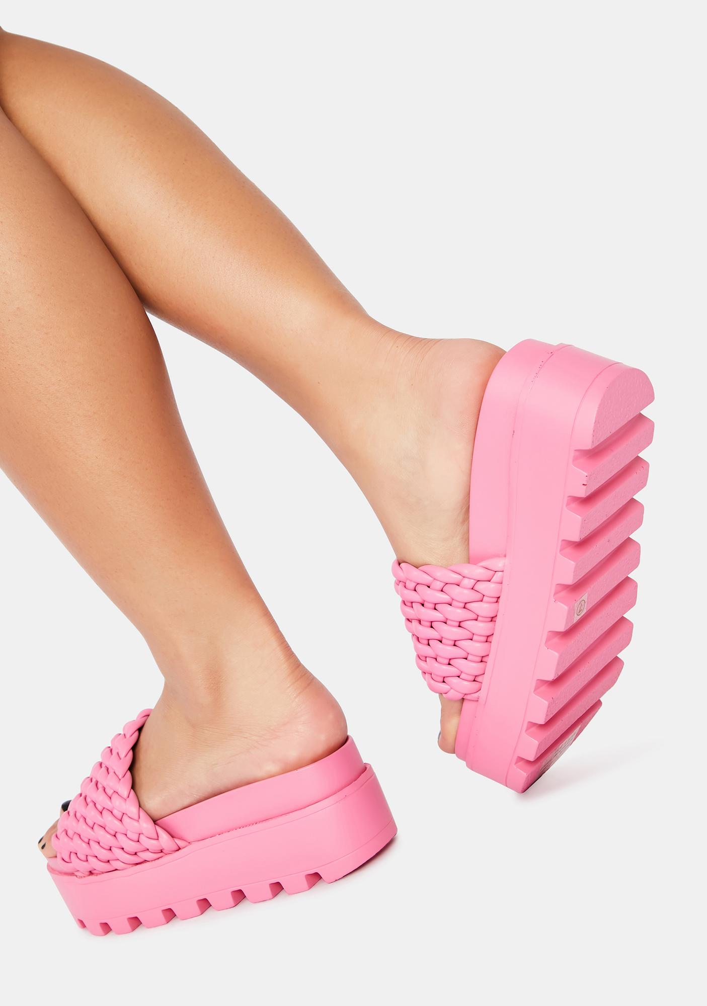 Ribbed Rhinestone Platform Slides Pink Dolls Kill