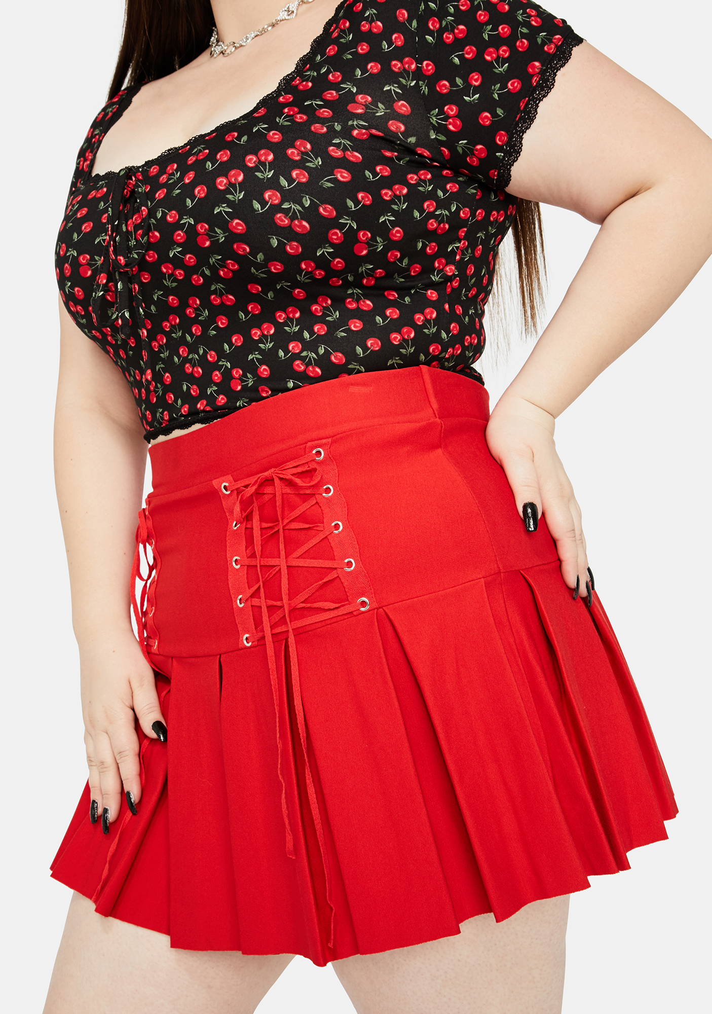 Plus Size Lace Up Pleated Skirt Red Dolls Kill