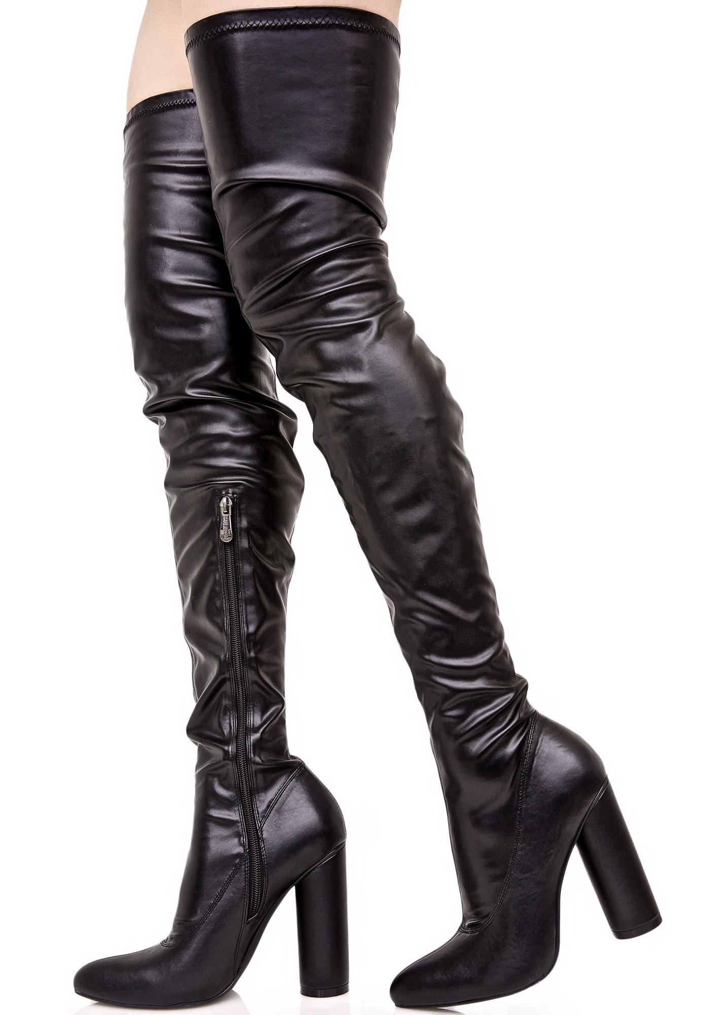 Black Faux Vegan Leather Thigh High Heeled Boots | Dolls Kill