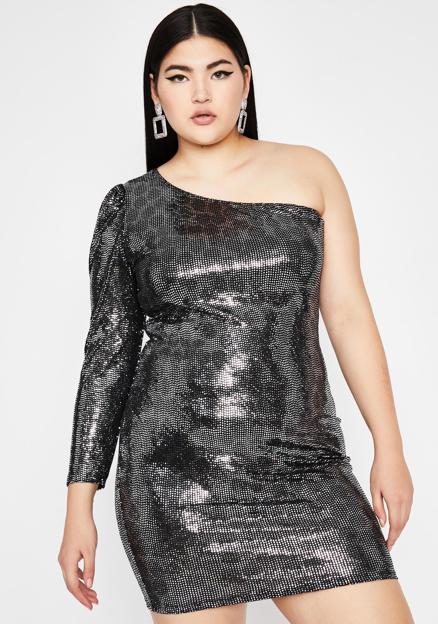 Plus Size Sequin Dress One Sleeve Mini Bodycon Metallic Silver Dolls Kill