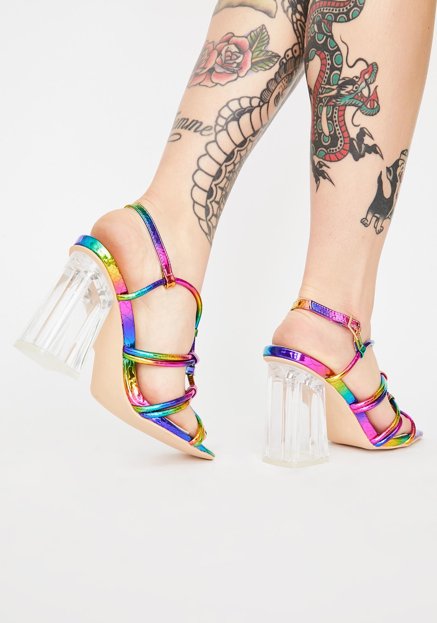 Rainbow Strappy Peep Toe Clear Block Heels | Dolls Kill