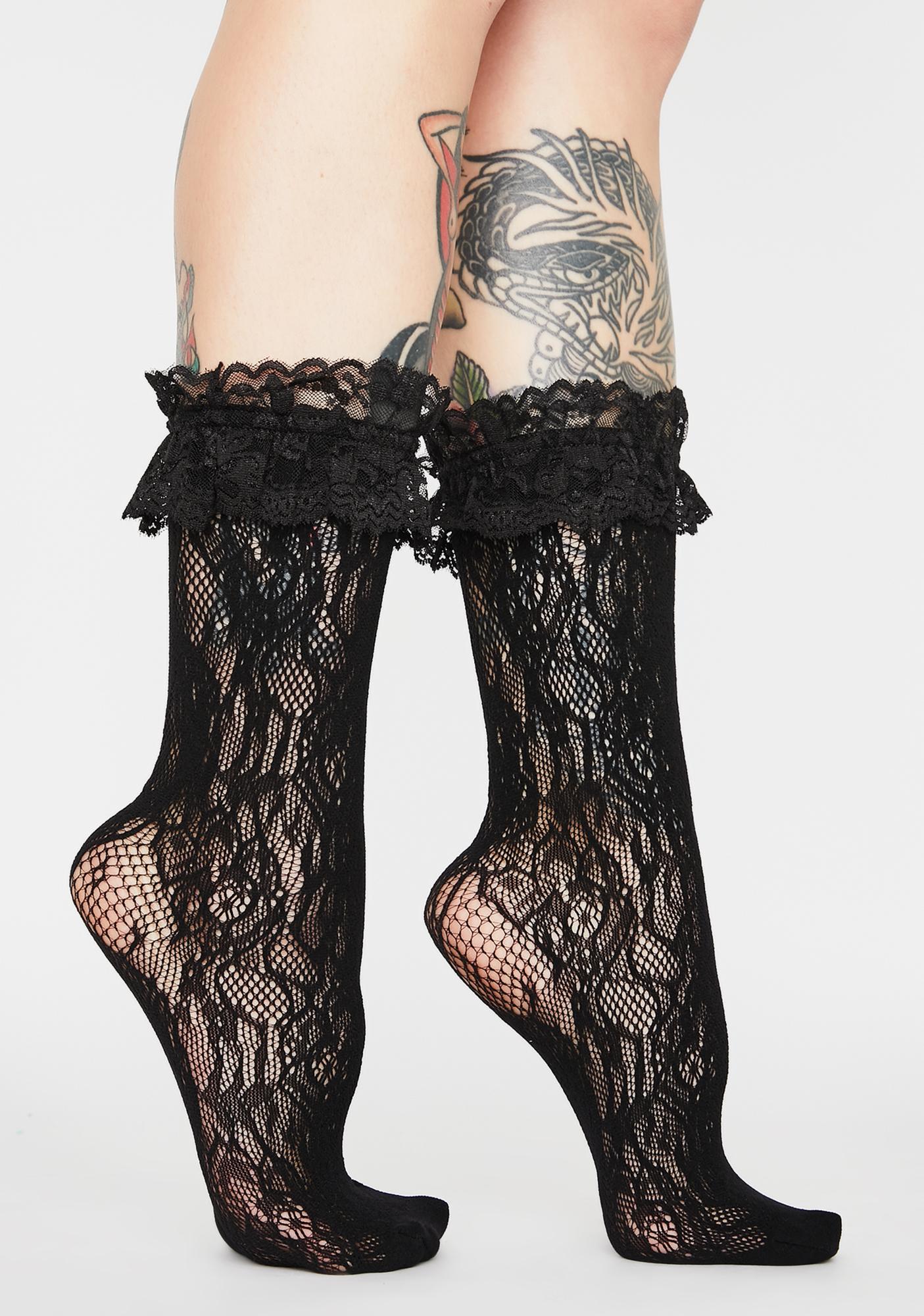 Widow Sheer Lace Ruffle Crew Socks - Black | Dolls Kill