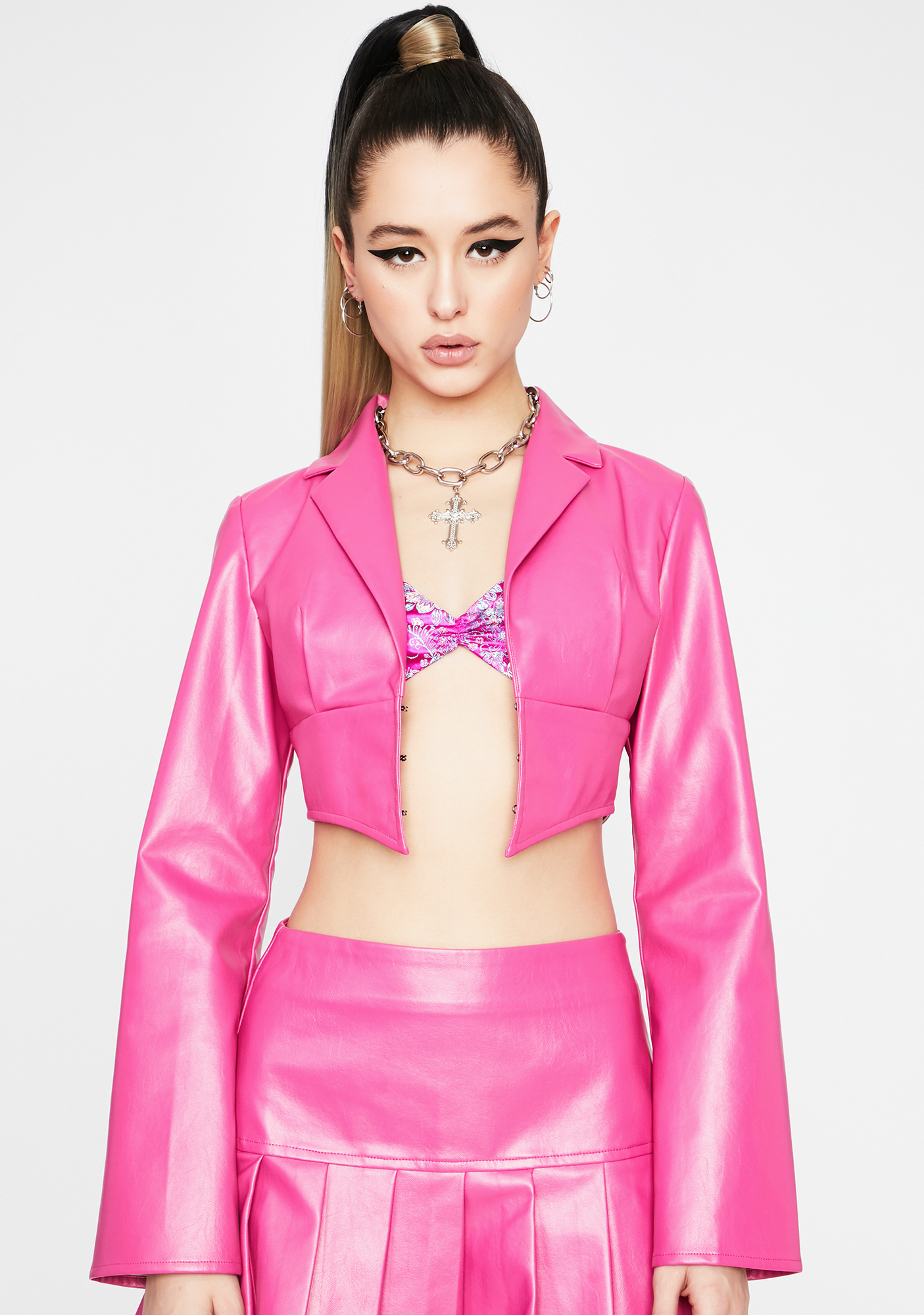 Vegan Leather PU Front Button Crop Jacket -Pink | Dolls Kill