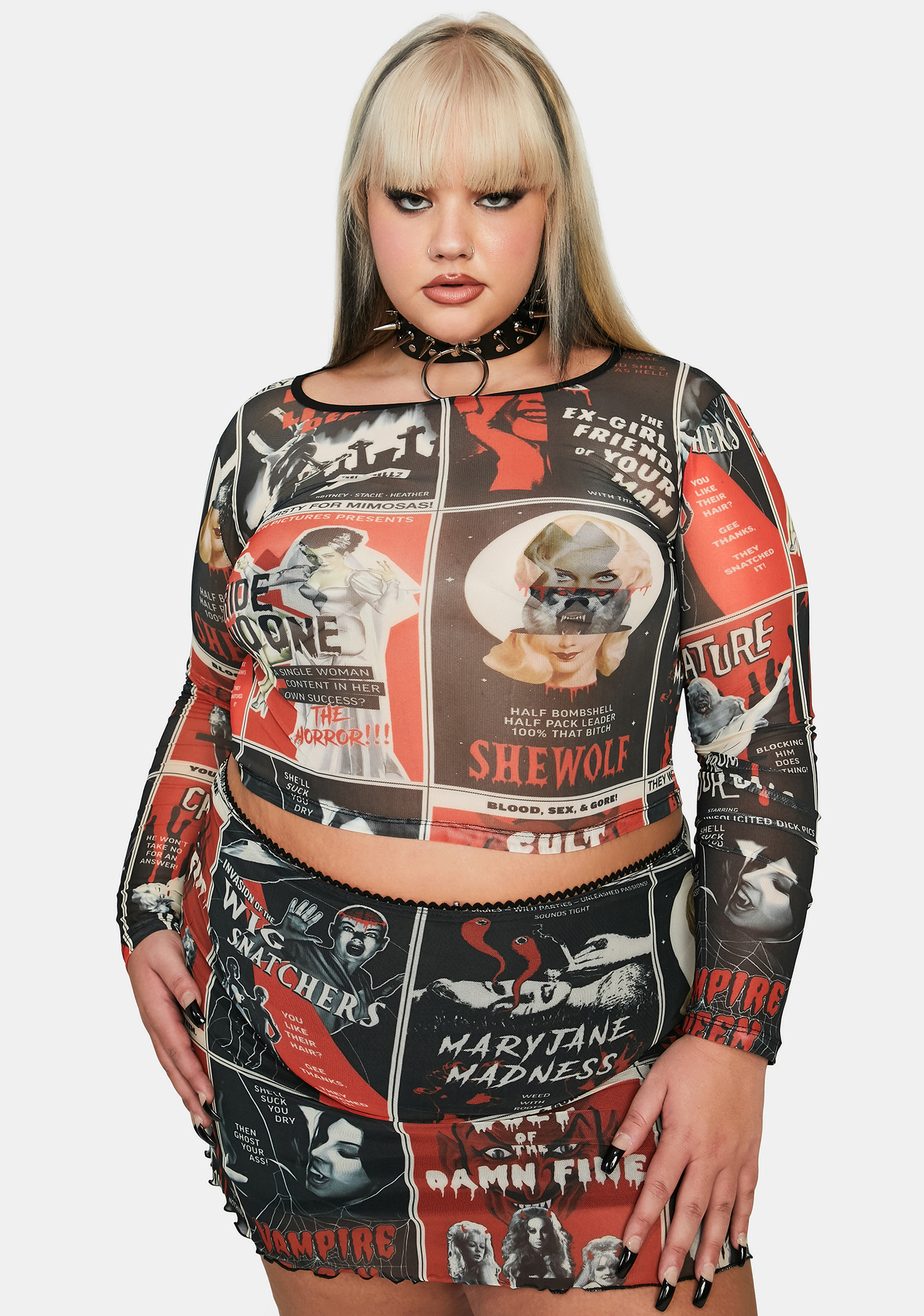 Plus Size Dolls Kill Halloween Poster Print Mesh Top Black Red