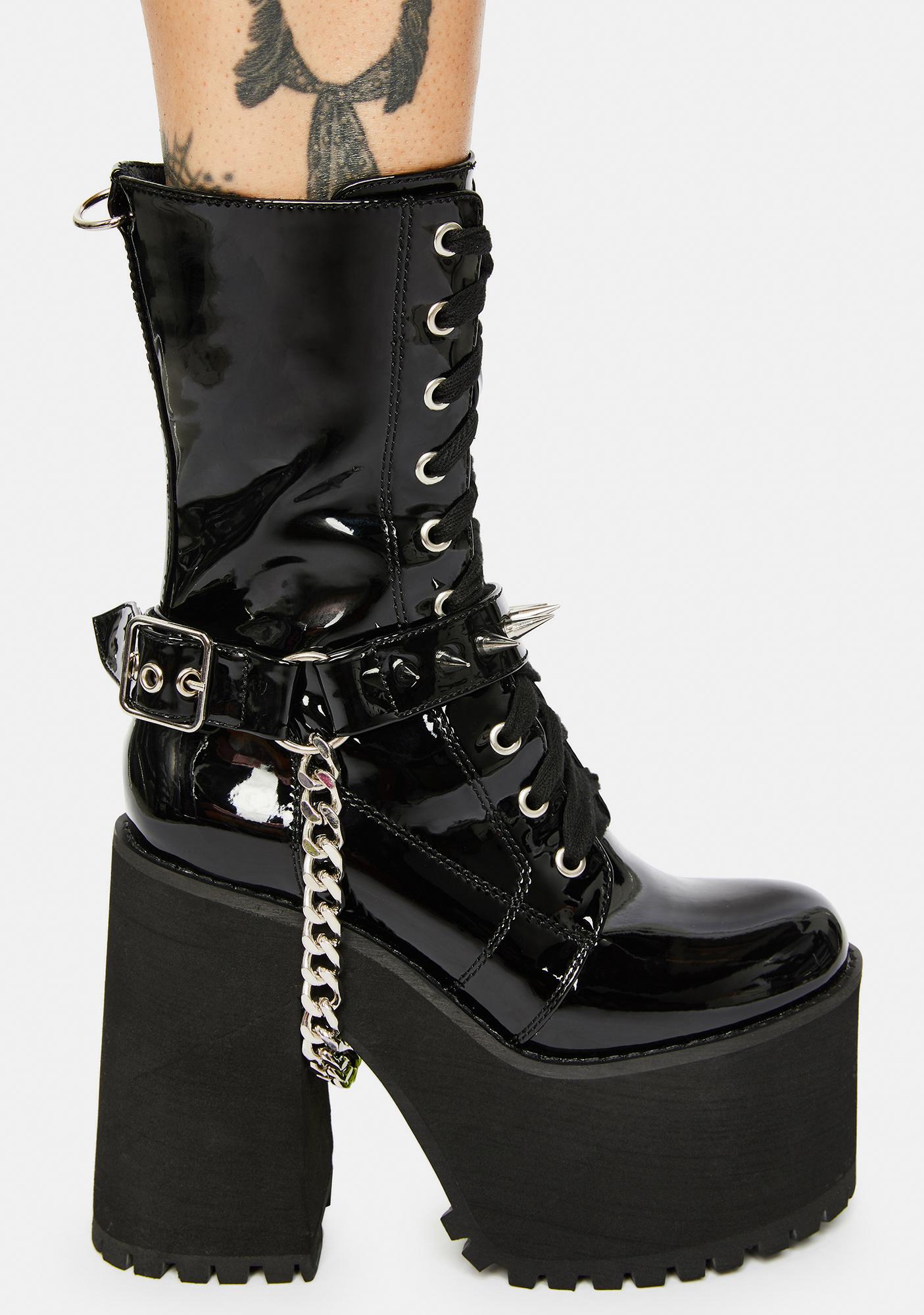Widow Patent Faux Leather Platform Boots With Spiked Strap - Black ...