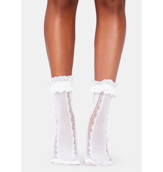 Sheer Lace Socks With Bows and Ruffles - White | Dolls Kill