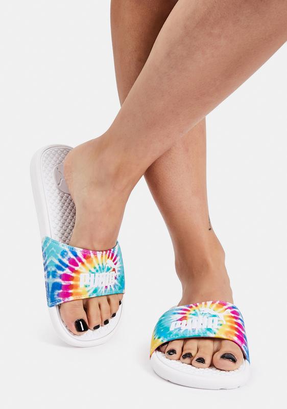 puma cool cat slides tie dye