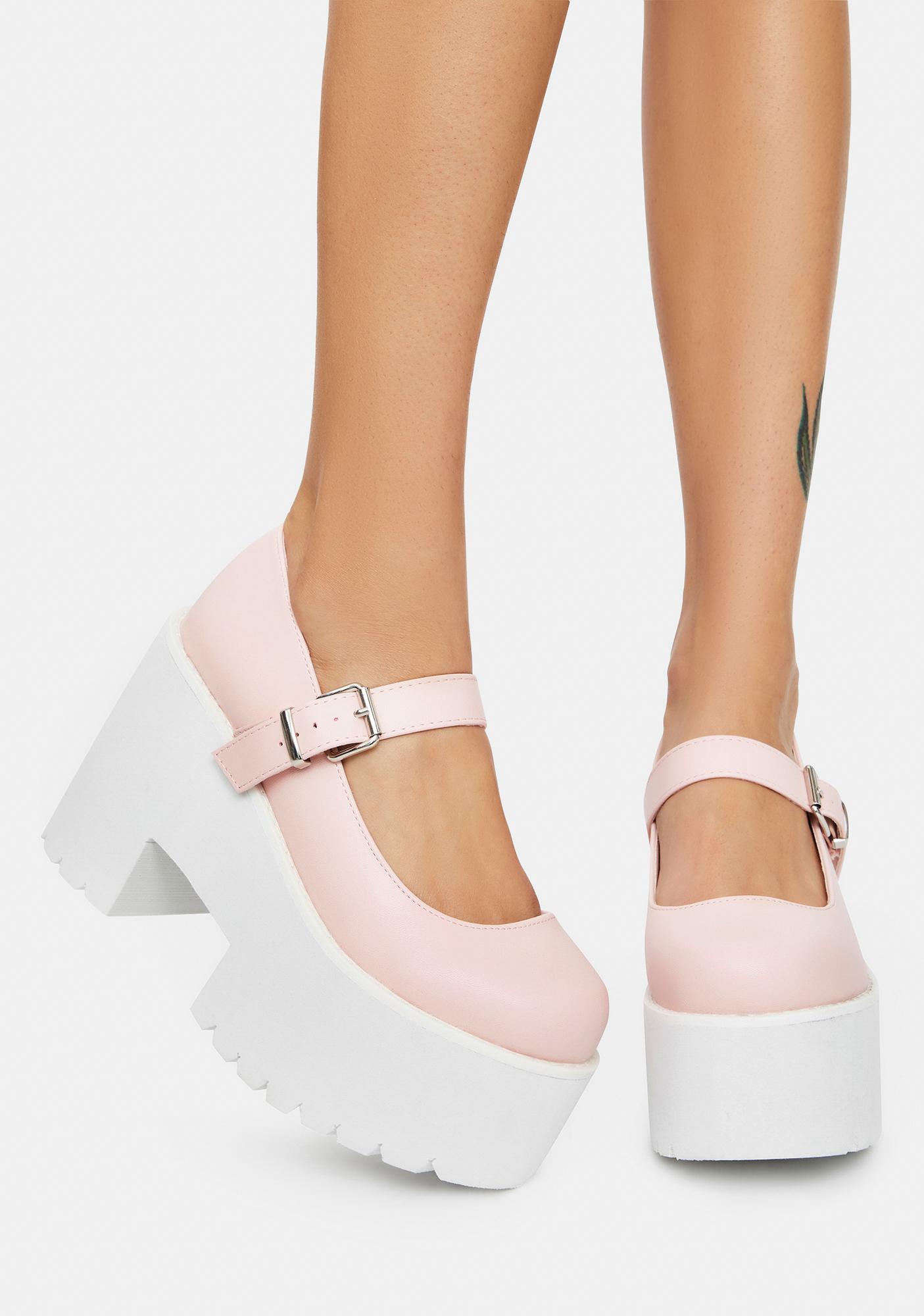 Chunky Block Heeled Platform Mary Janes Light Pink/White Dolls Kill