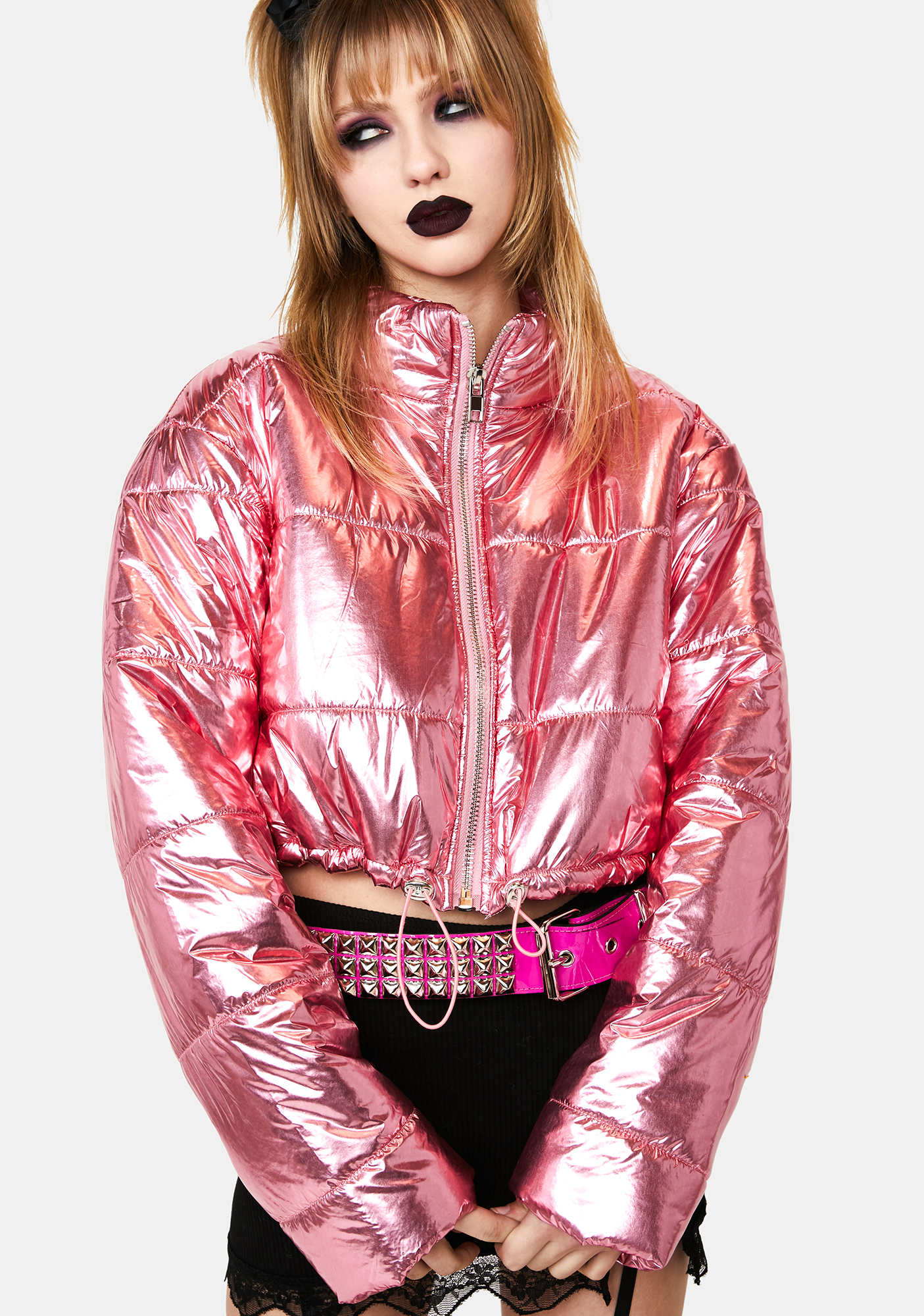 pink metallic puffer jacket