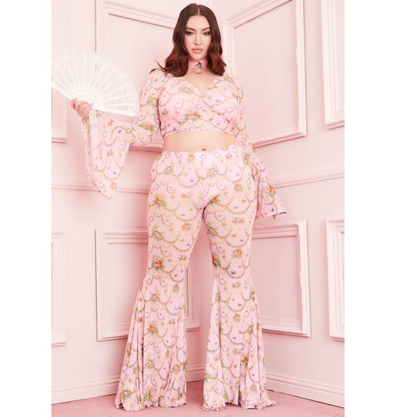 pink mesh flare pants