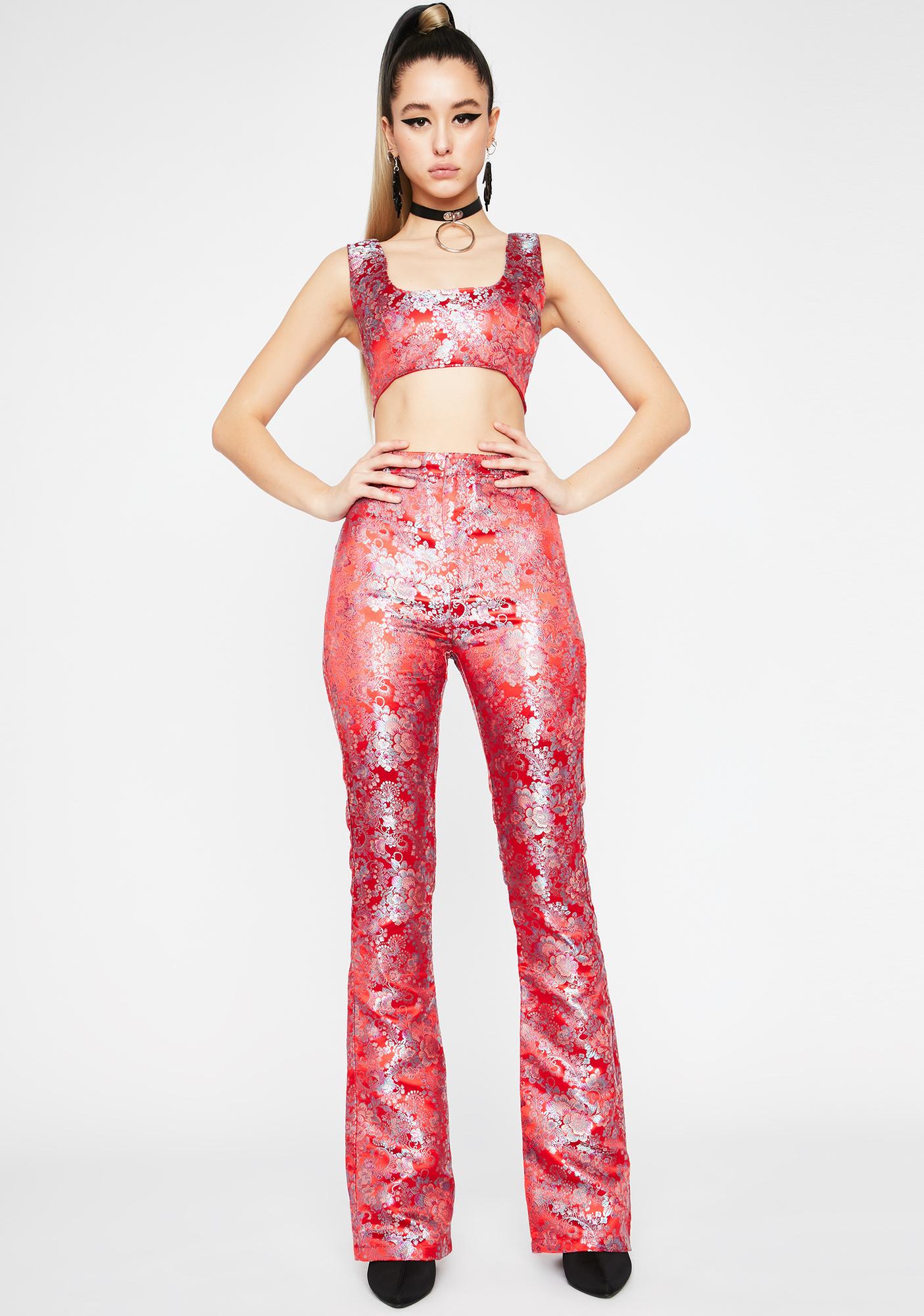 Brocade High Waist Embroidered Pattern Print Slim Pants -Red | Dolls Kill