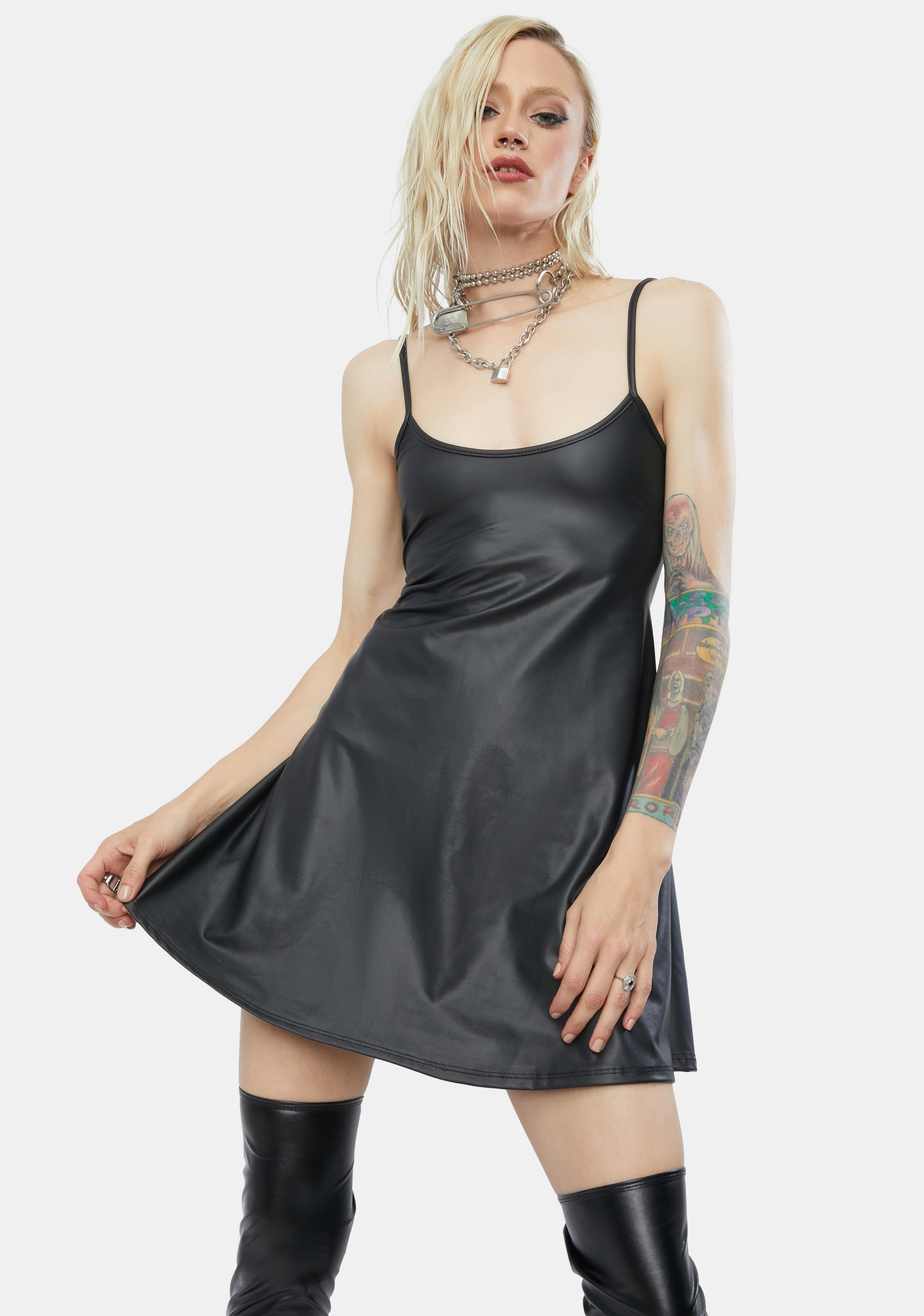 Vegan Leather Babydoll Cami Mini Dress - Black | Dolls Kill