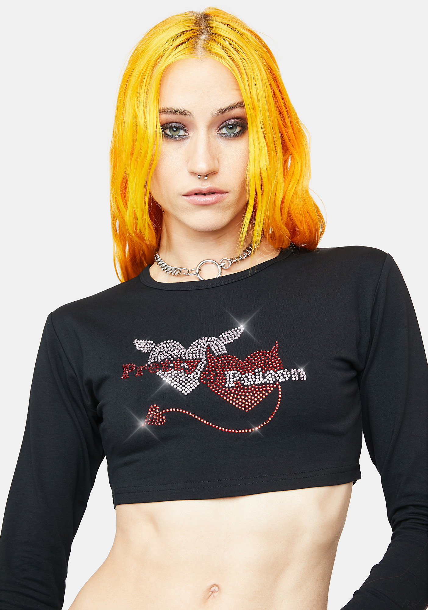 Edikted Pretty Poison Devil Rhinestone Graphic Long Sleeve Crop Top 