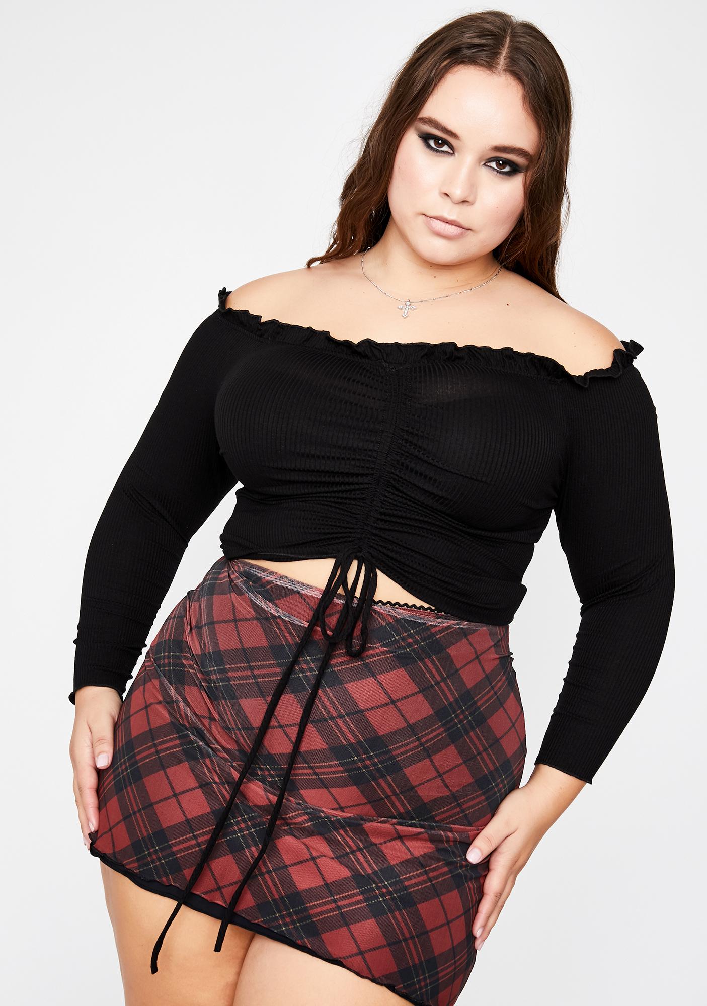 Plus Size Cinch Front Ruched Off The Shoulder Ruffle Crop Top Black ...