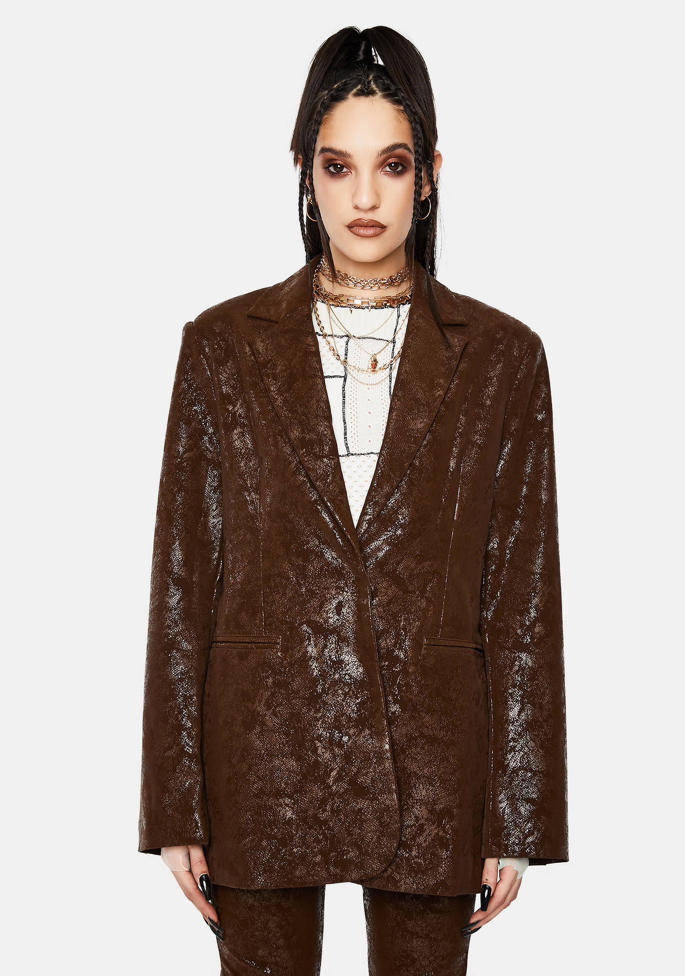 Jaded London Brown Vegan Leather Suit Jacket | Dolls Kill