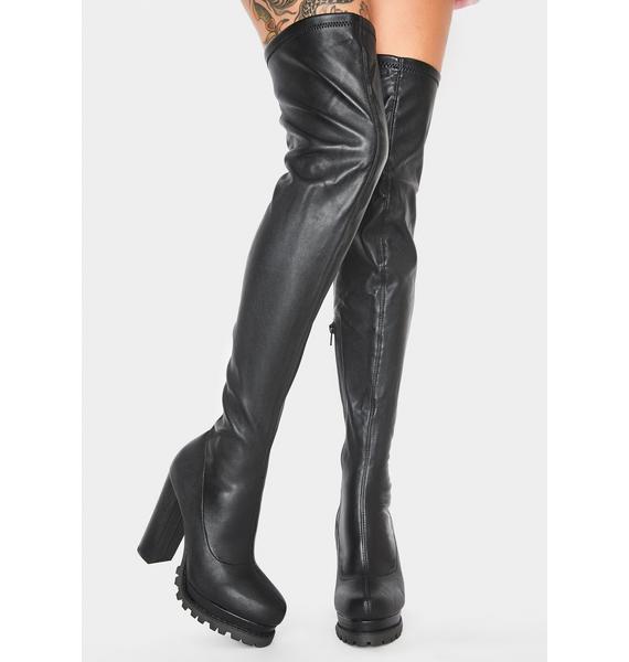 Black PU Thigh High Boots Block Heel | Dolls Kill