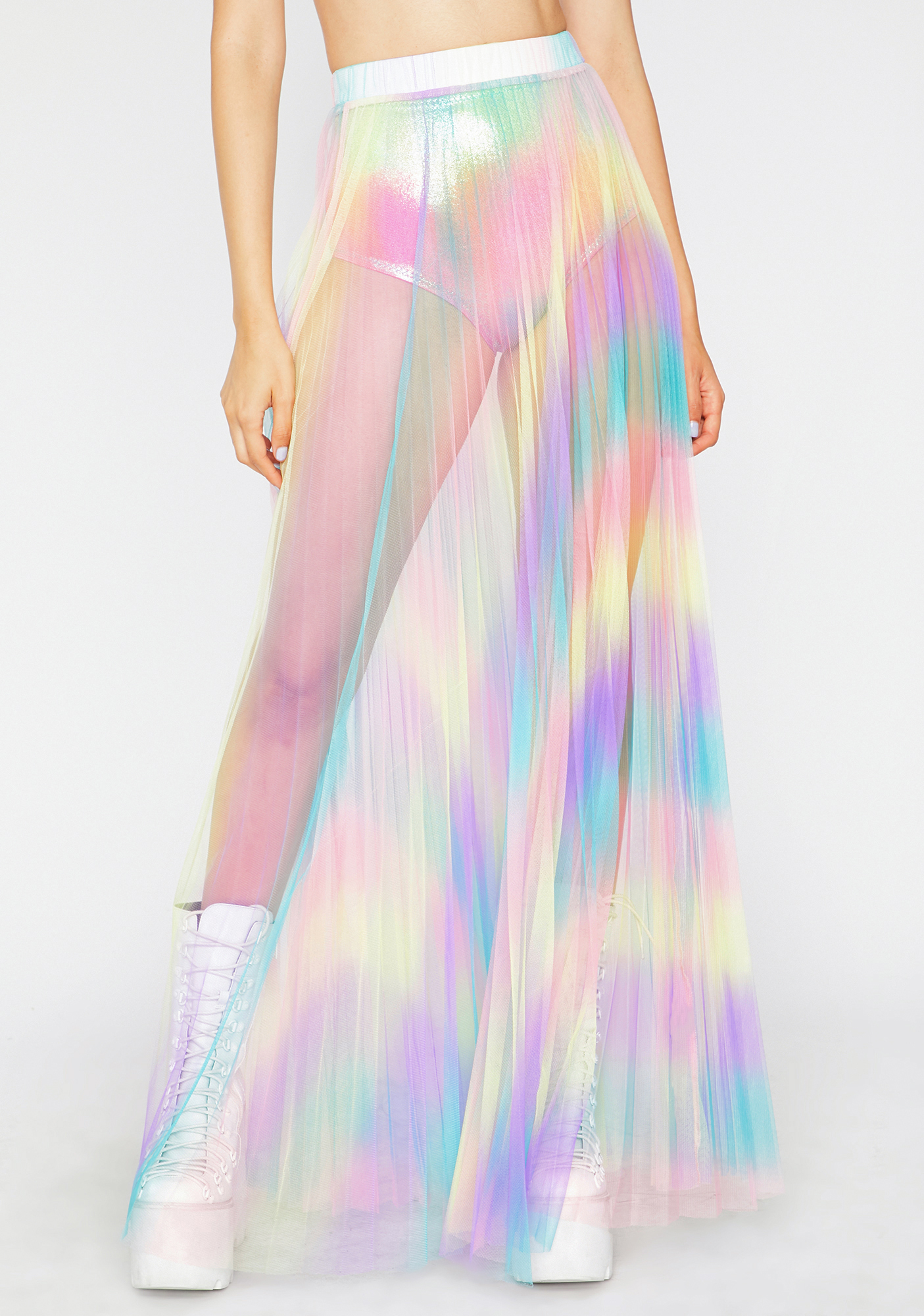 Sheer Rainbow Pleated Maxi Skirt Purple 