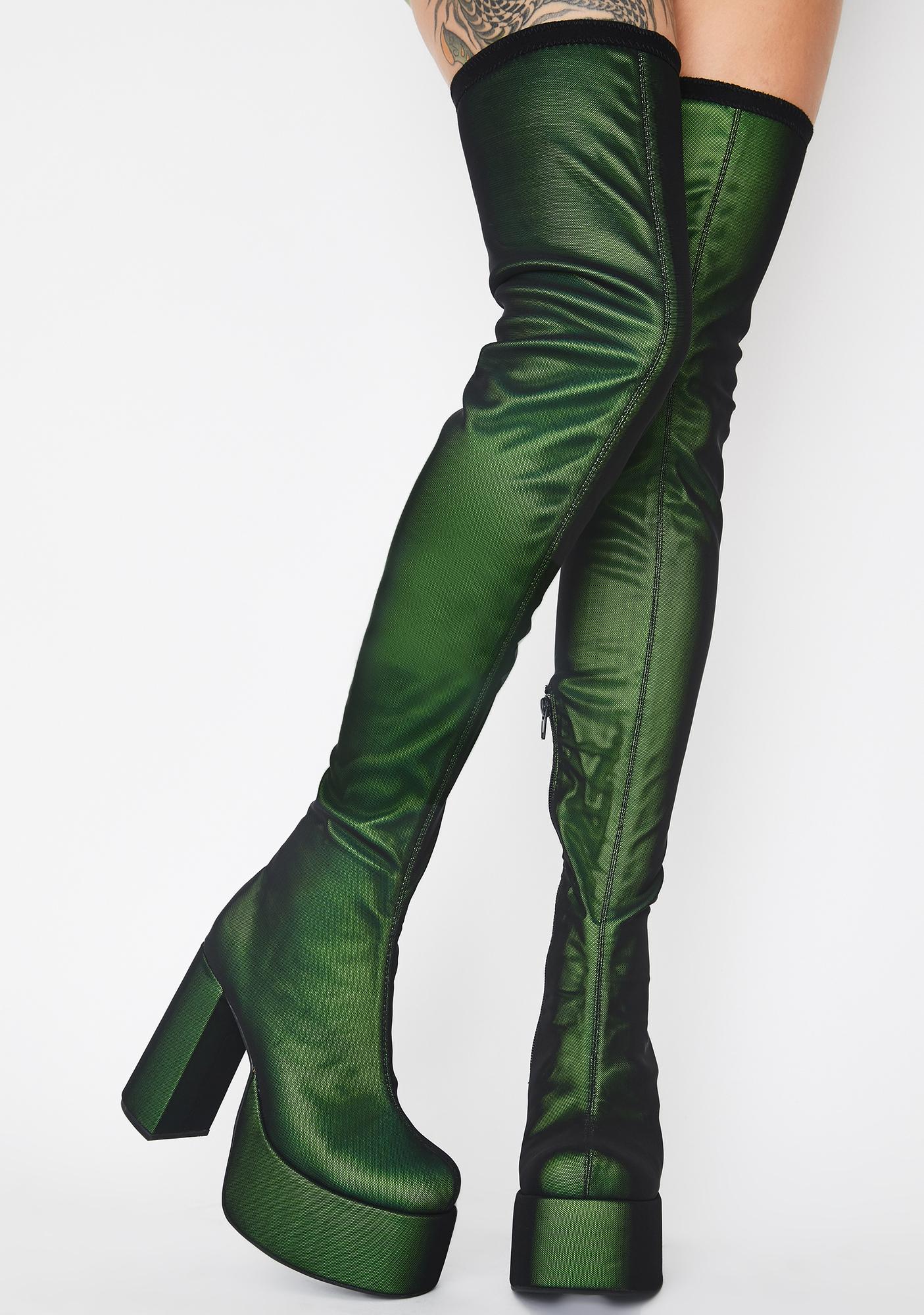 green velvet thigh high boots