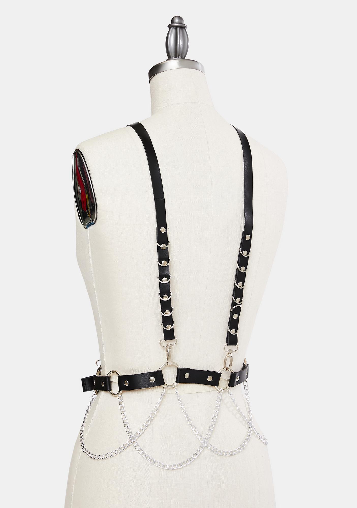 O-Ring Chain Draped Faux Leather Body Harness - Black Silver | Dolls Kill