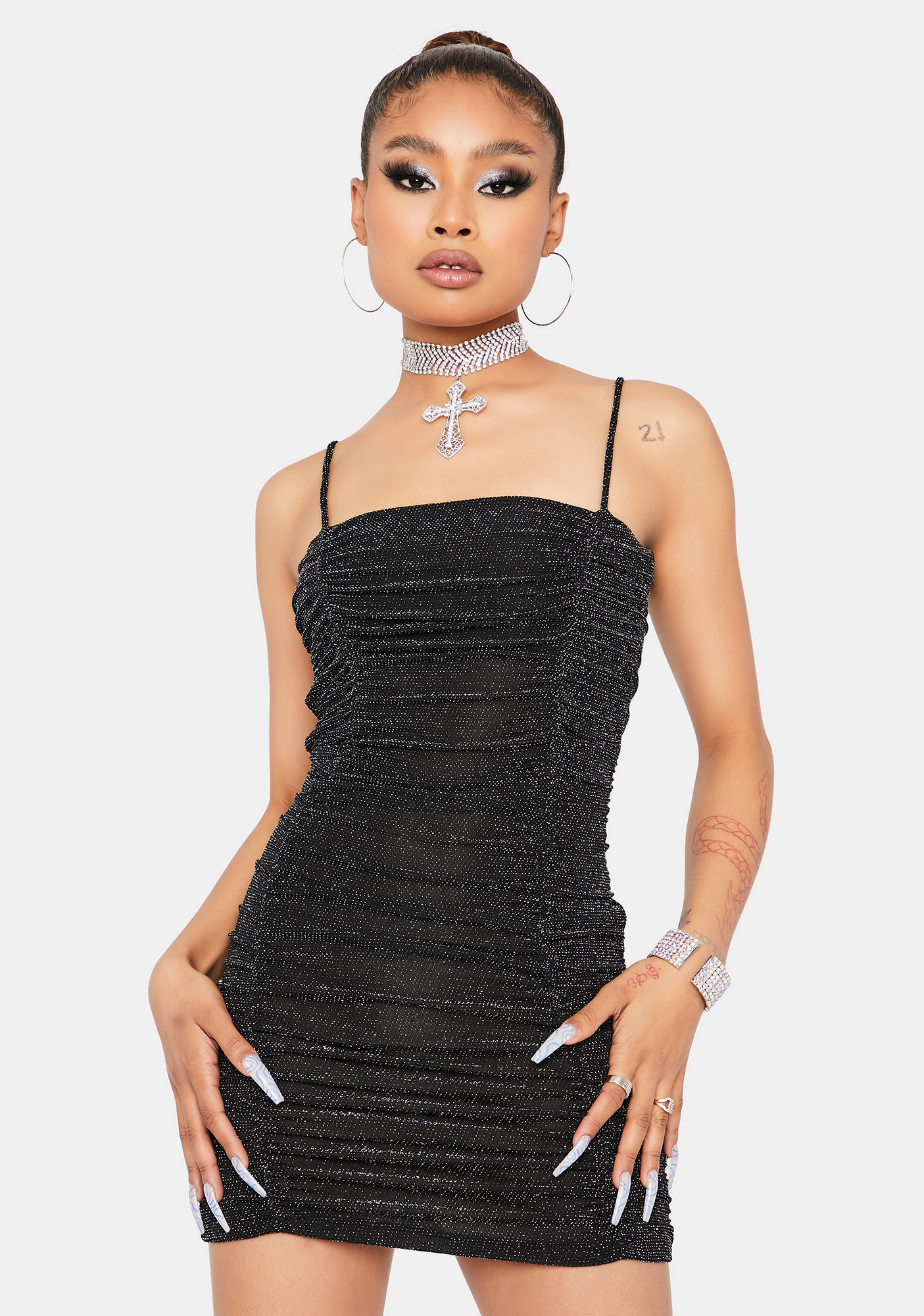Ruched Glitter Bodycon Dress Black Dolls Kill