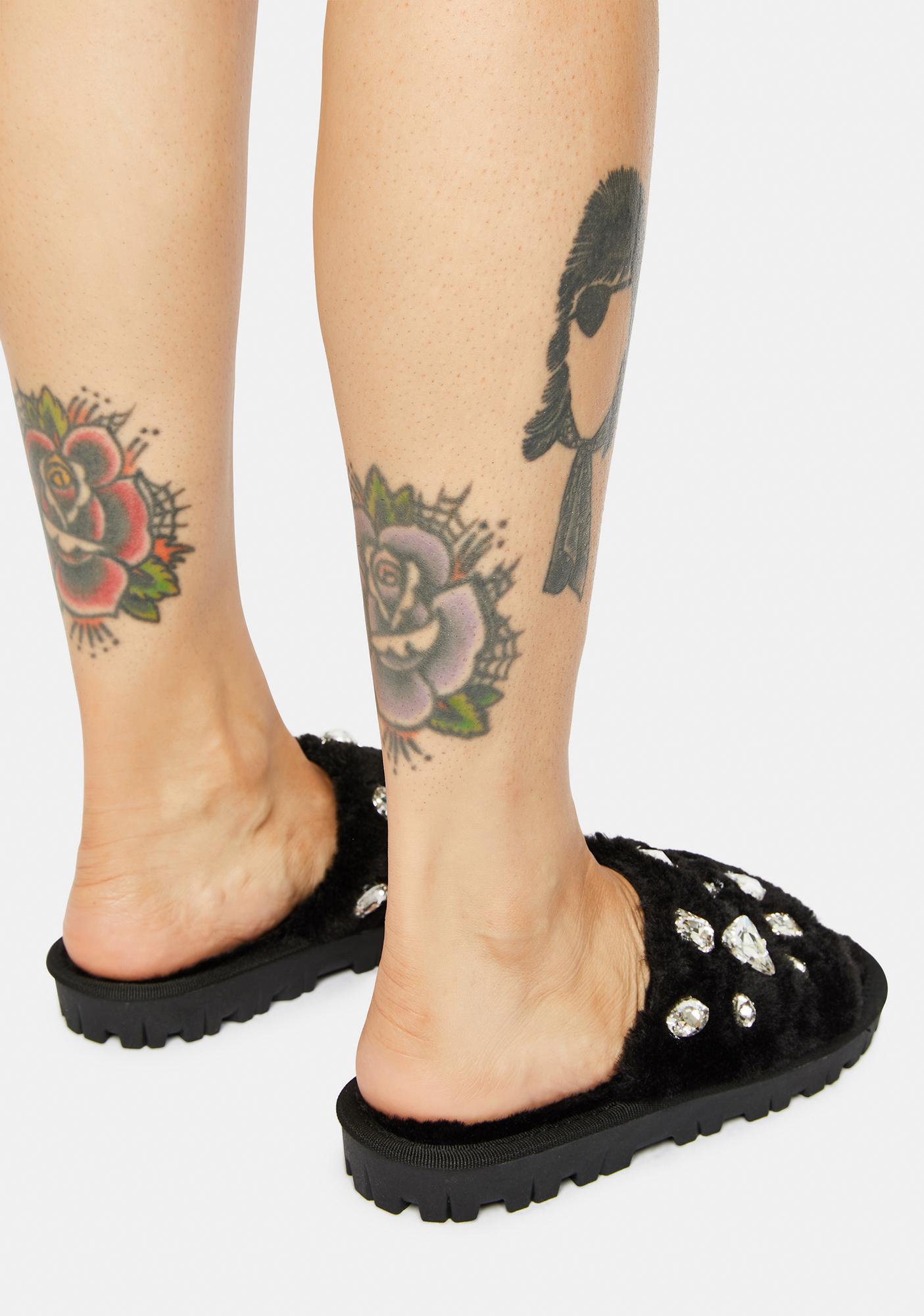 Jeweled Faux Fur Slide Sandals - Black | Dolls Kill