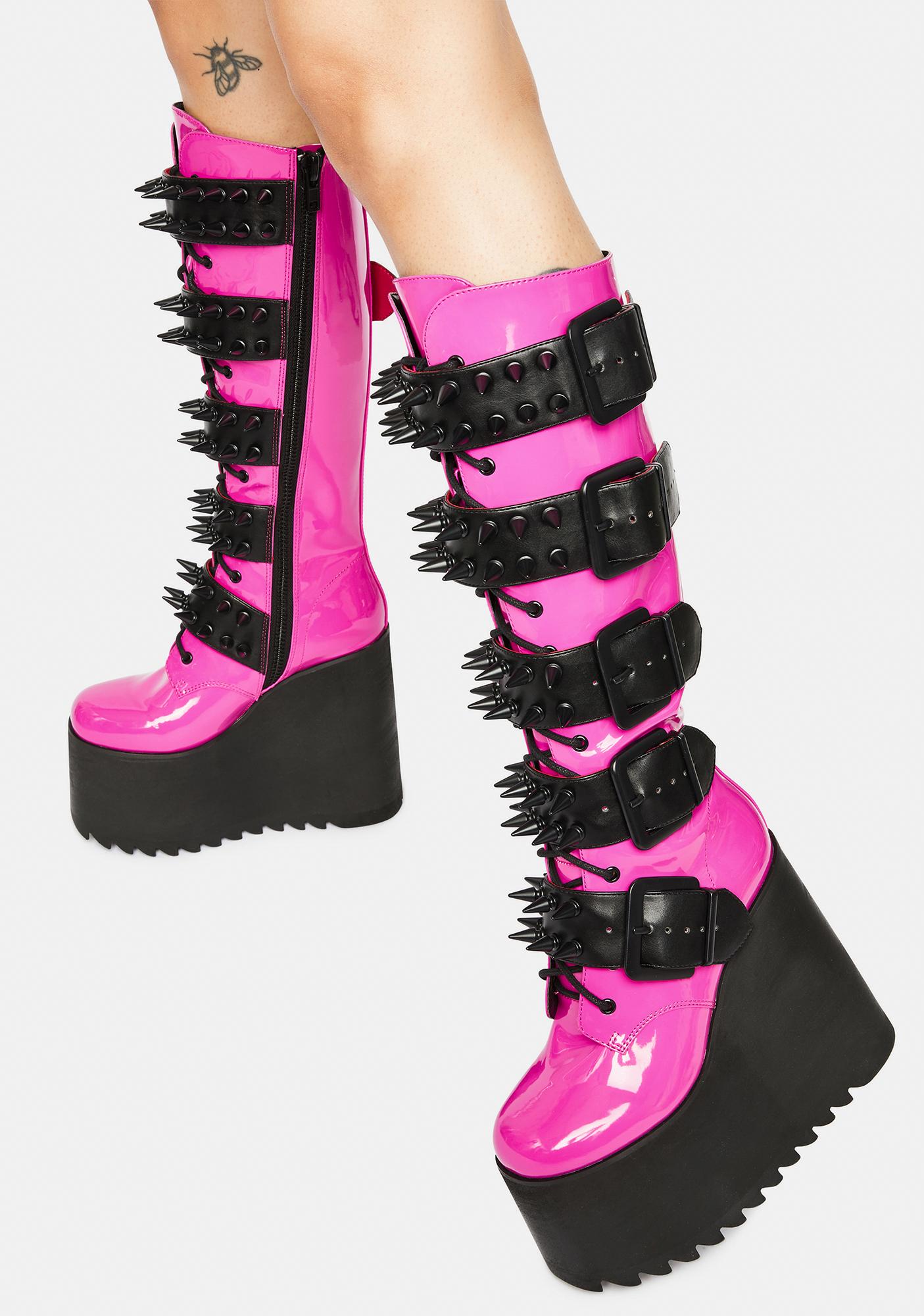 Widow Spiked Buckle Knee High Platform Boots Hot Pink Dolls Kill 7969