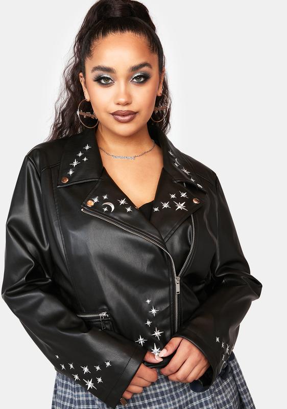 plus size embroidered leather jacket