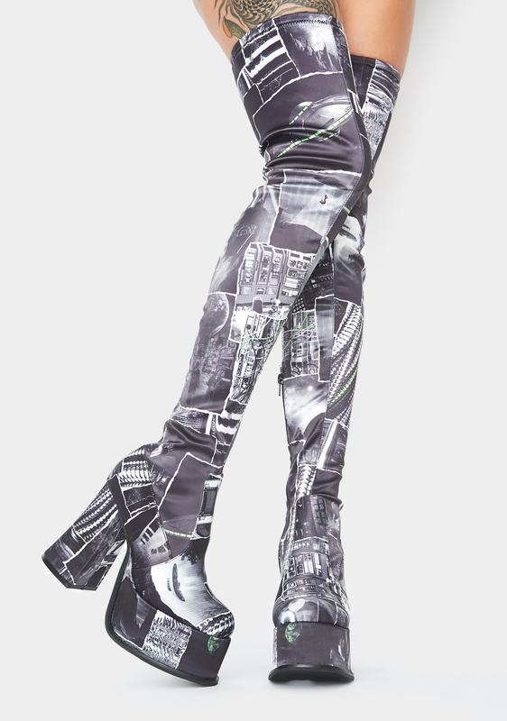 Current Mood Black & White UFO Photograph Print Thigh High Boots 