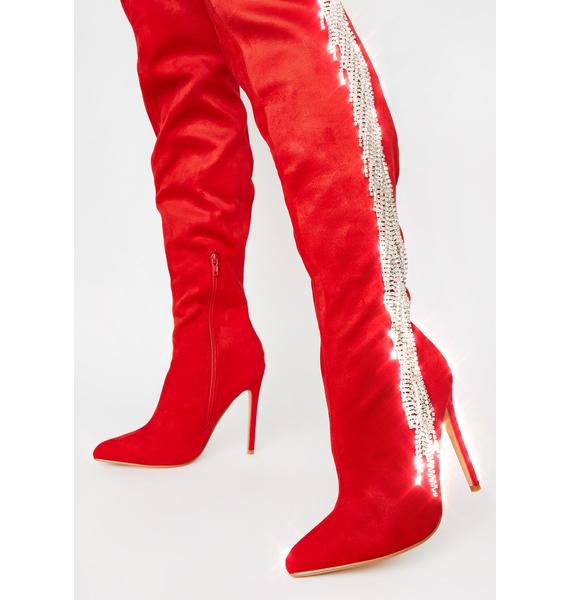 Faux Suede Rhinestone Fringe Knee High Boots - Red | Dolls Kill
