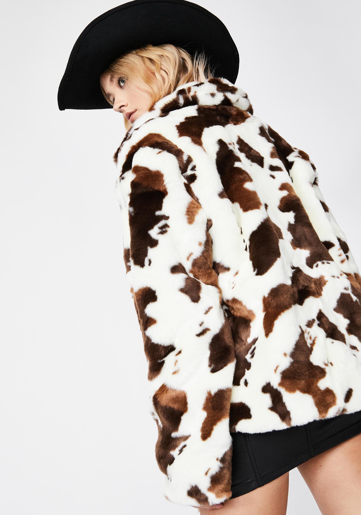 White Brown Cow Print Pattern Faux Fur Oversized Coat Dolls Kill