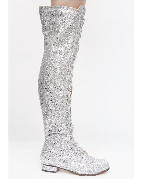 Glitter Thigh High Silver Boots Dolls Kill 1134