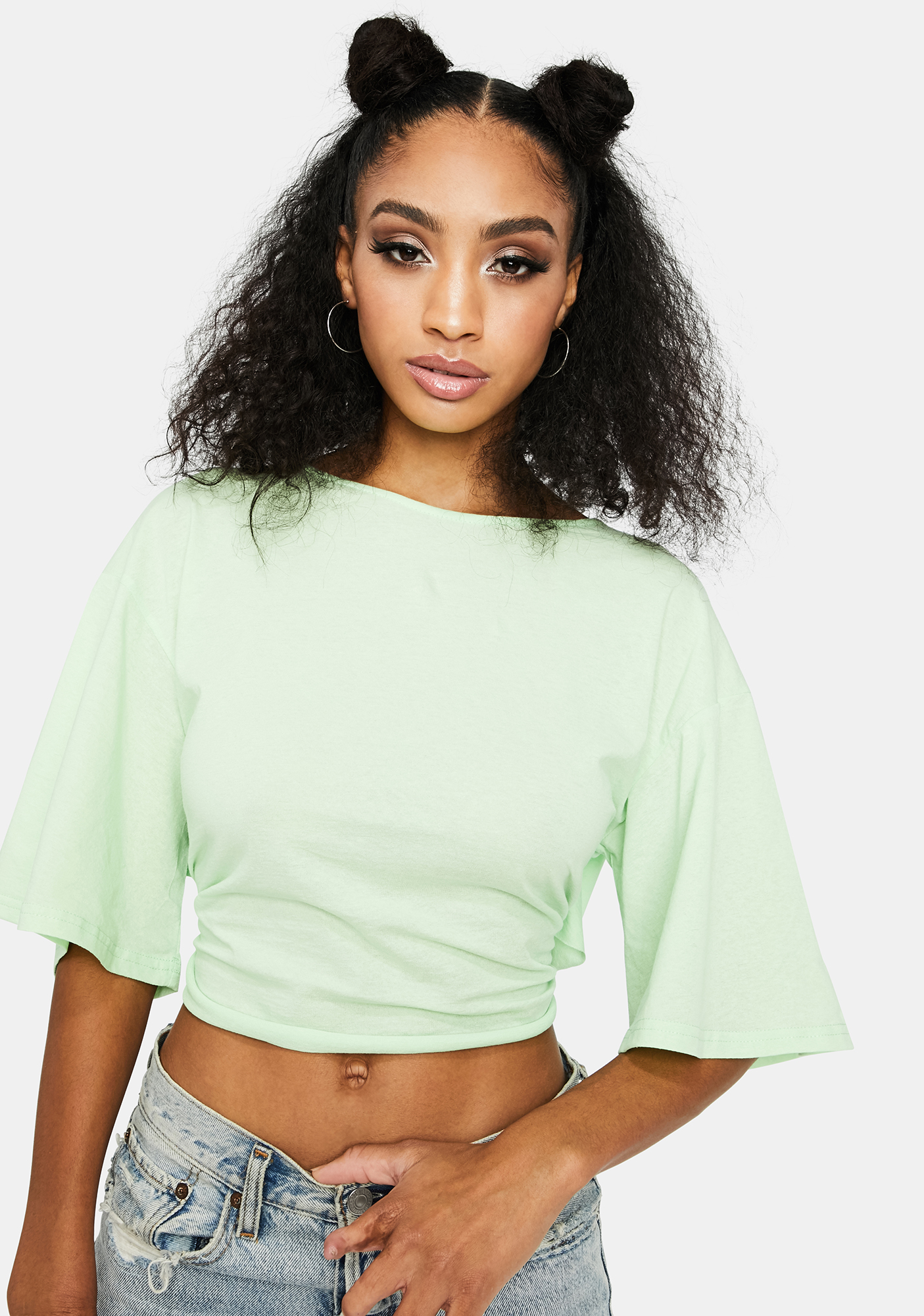 Loose Sleeve Back Tie Crop Top - Green | Dolls Kill