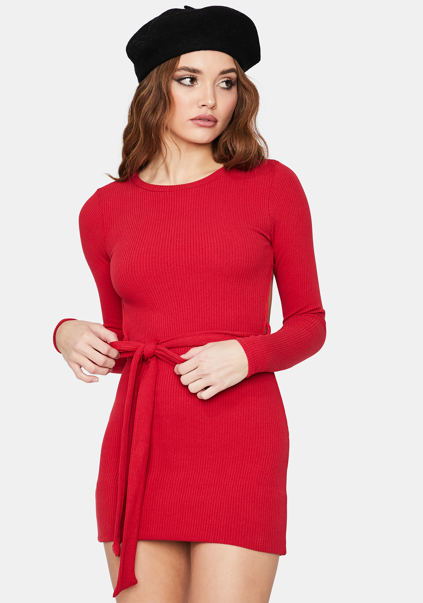 Open Back Long Sleeve Mini Dress With Bow Belt Red Dolls Kill