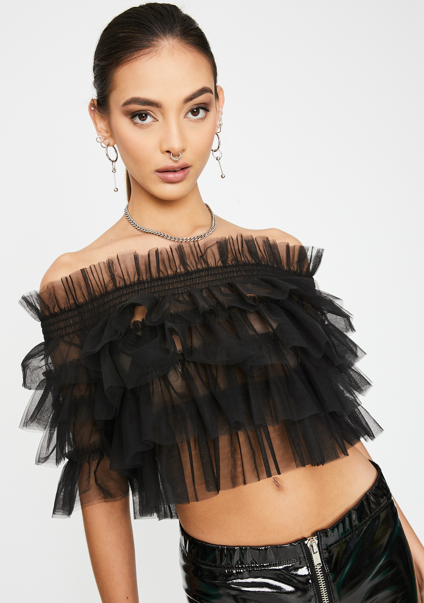 Black Tulle Ruffle Off The Shoulder Crop Top Dolls Kill 4429