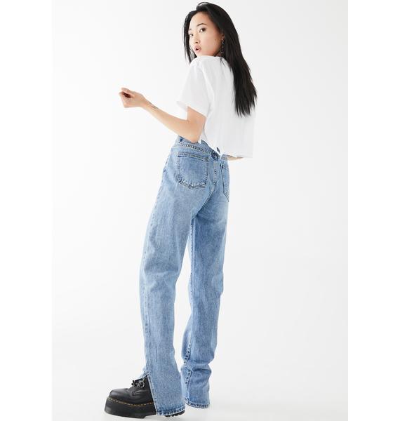 vintage wash long leg split hem straight jeans