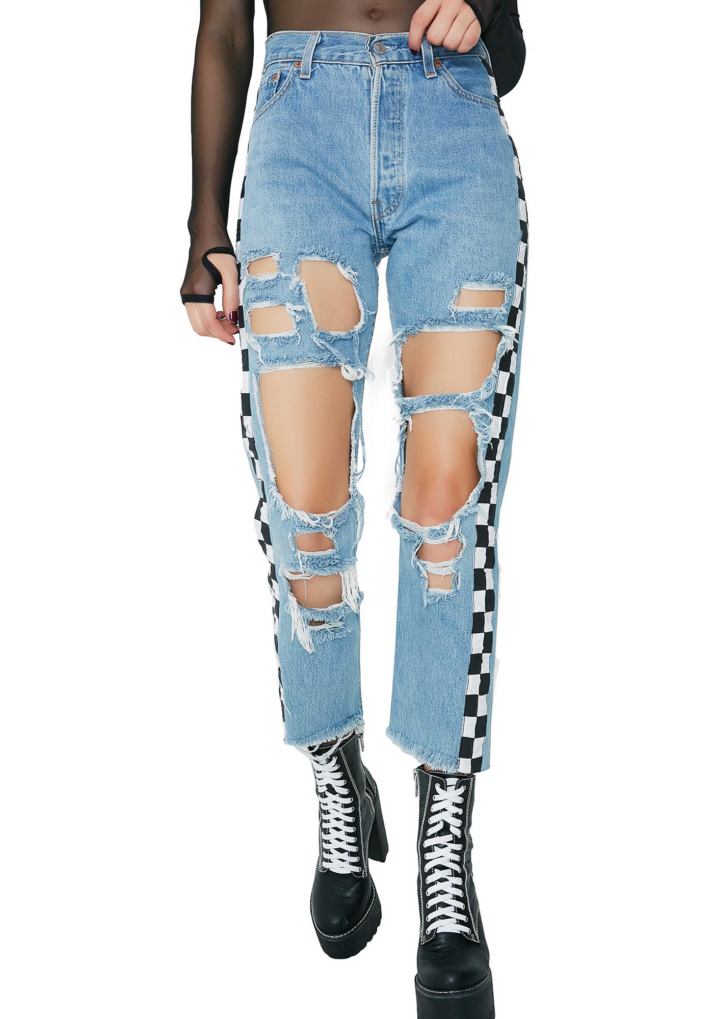 black ripped checkered jeans