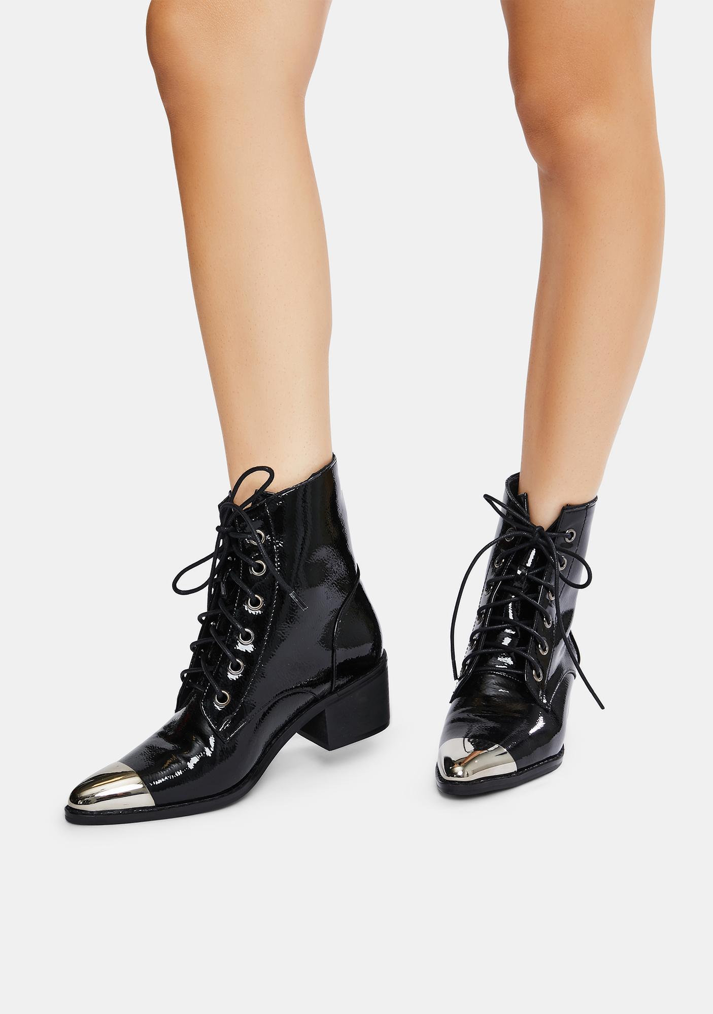 Widow Patent Lace Up Heeled Ankle Boots - Black | Dolls Kill