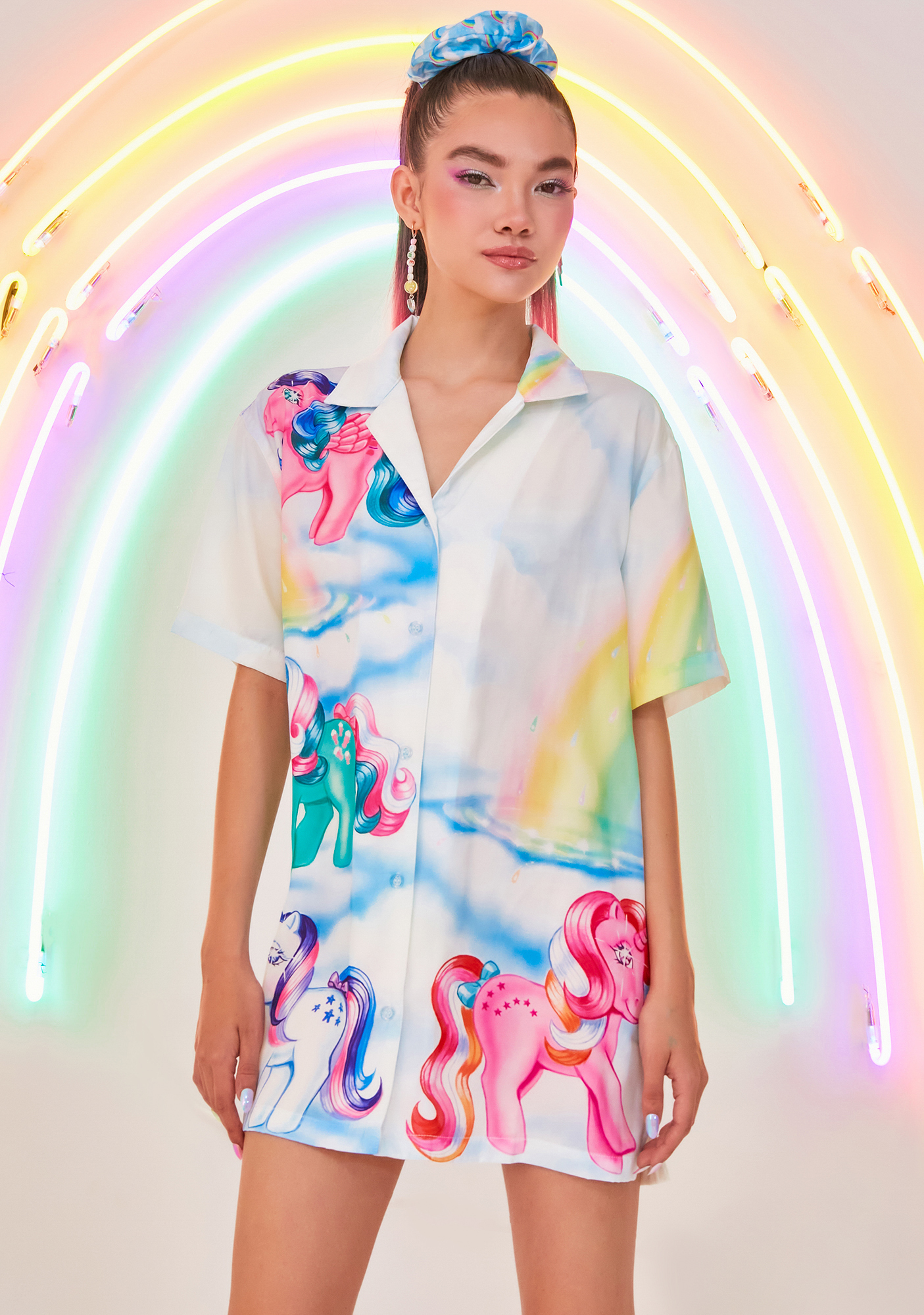 Dolls Kill x My Little Pony Airbrush Pony Graphic Satin Button Up Shirt Rainbow Dolls Kill