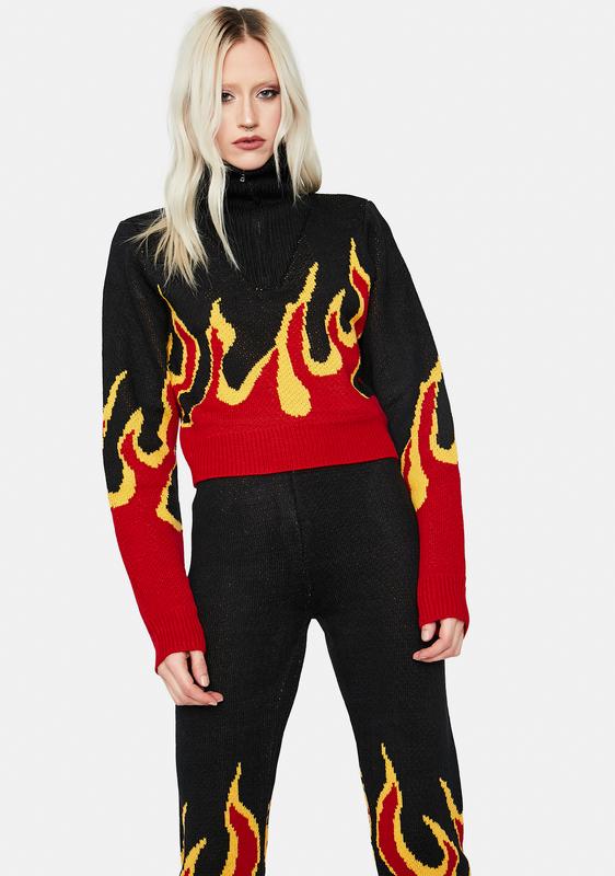 black sweater with red flames