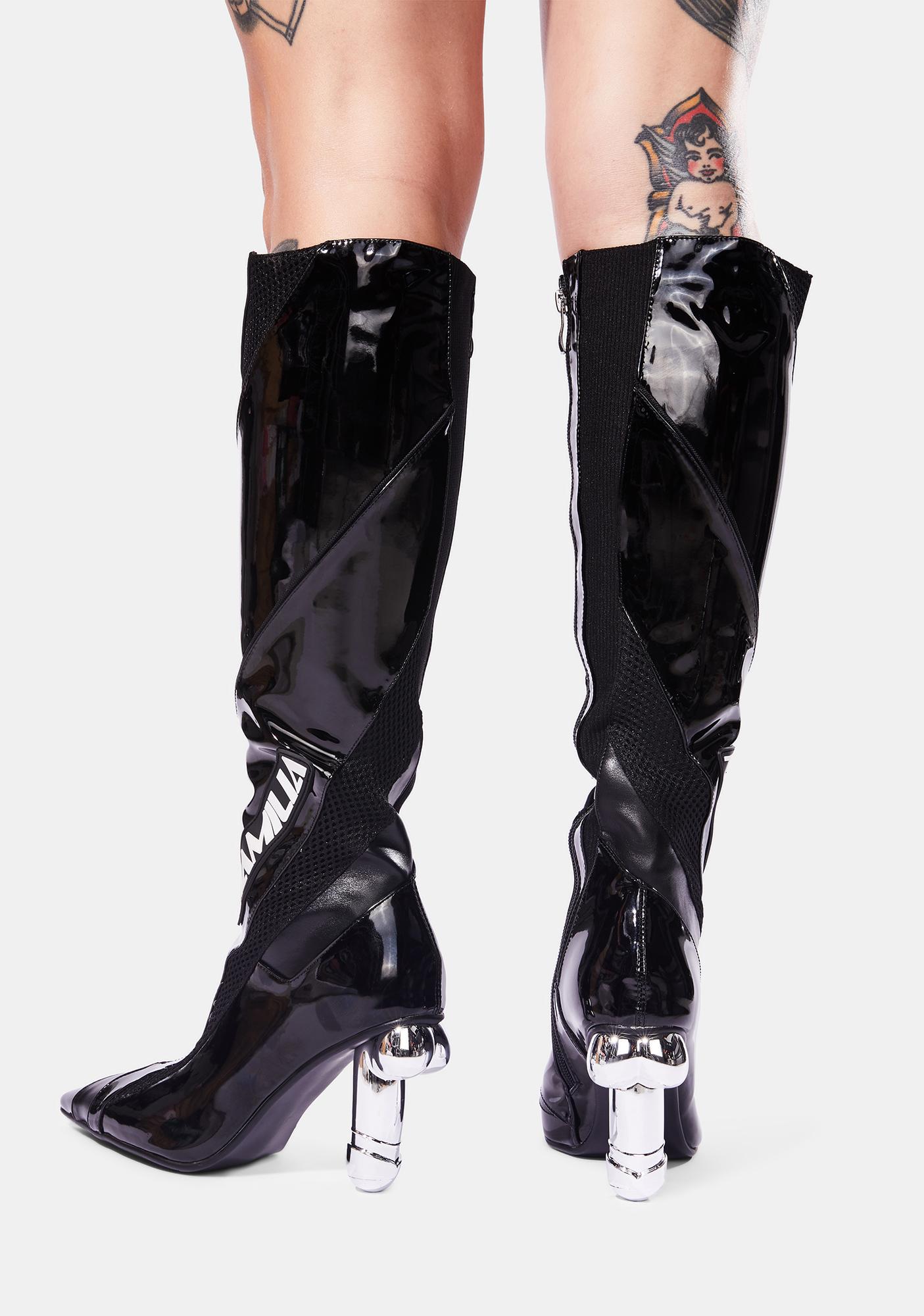 Namilia Black Patent Vegan Dick Heel Motocross Boots | Dolls Kill