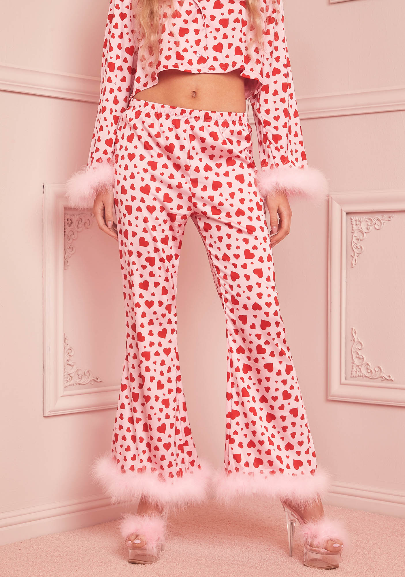 Sugar Thrillz Heart Print Marabou Pajama Pants Pink Dolls Kill