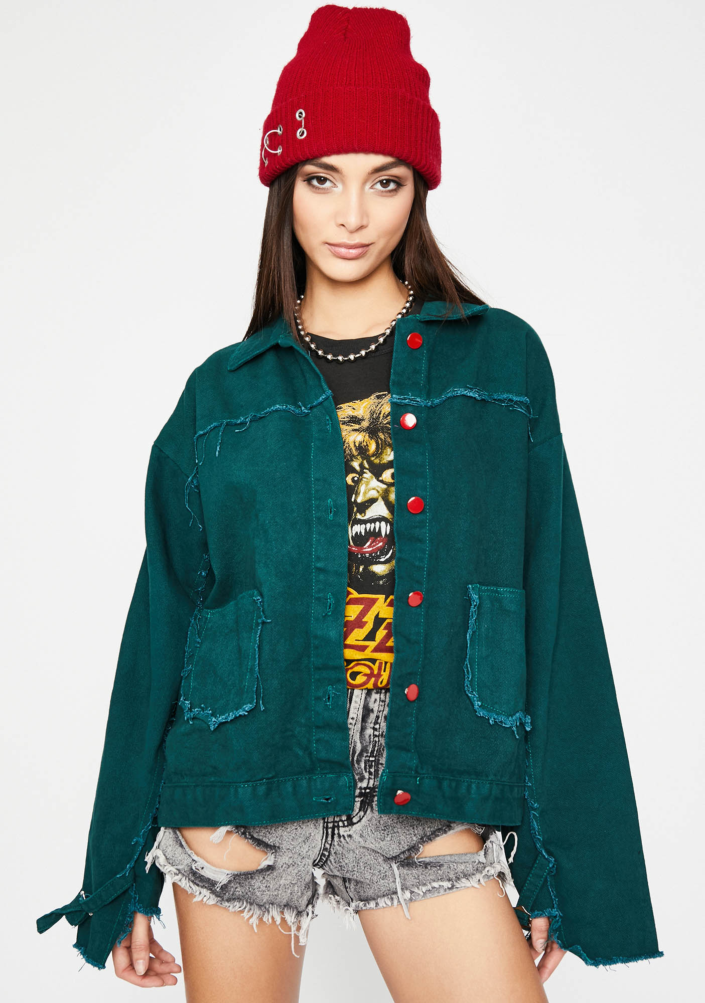 Frayed Hem Red Button Denim Jacket Teal Blue | Dolls Kill