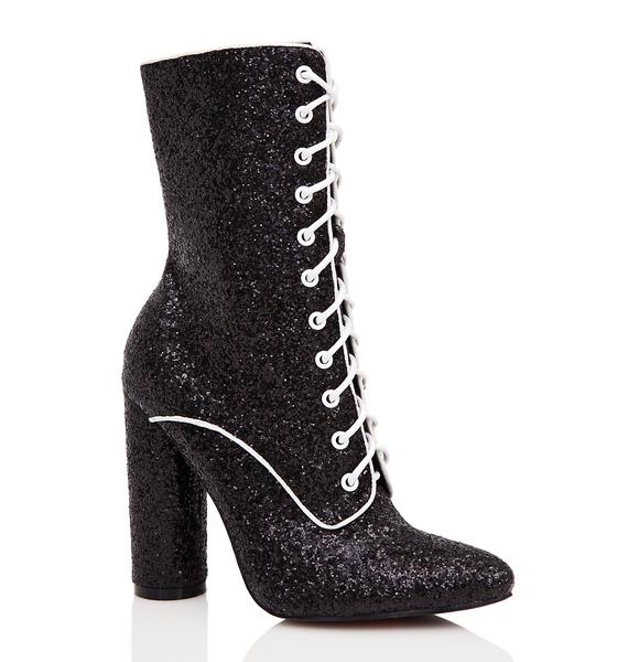 Black Lace Up Glitter Heeled Boots | Dolls Kill