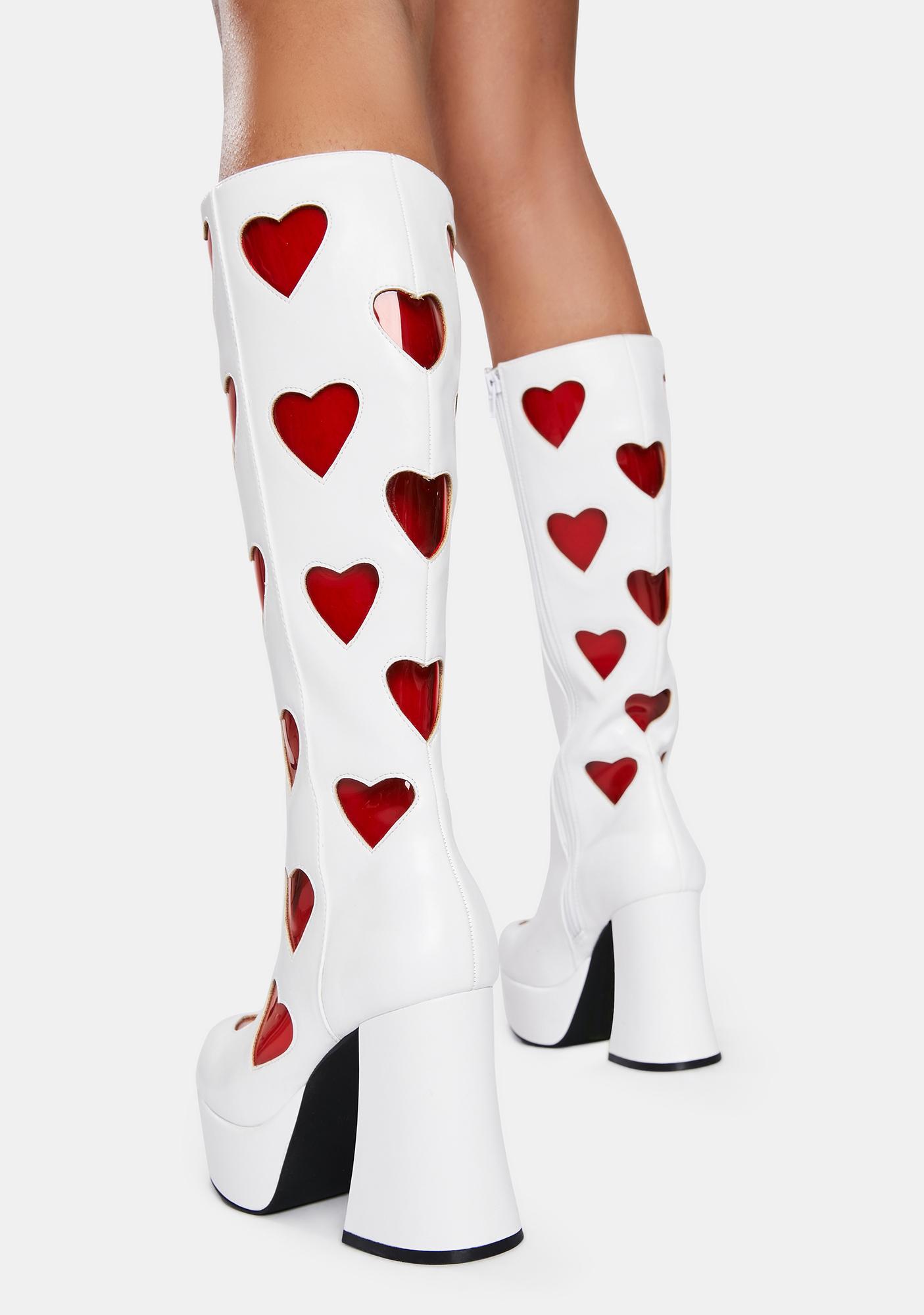 Sugar Thrillz Heart Gogo Boots White Red Dolls Kill